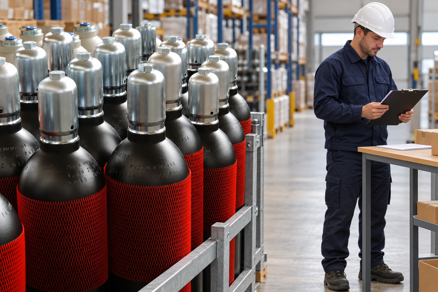 Иллюстрация специалиста с документами рядом с партией газовых баллонов