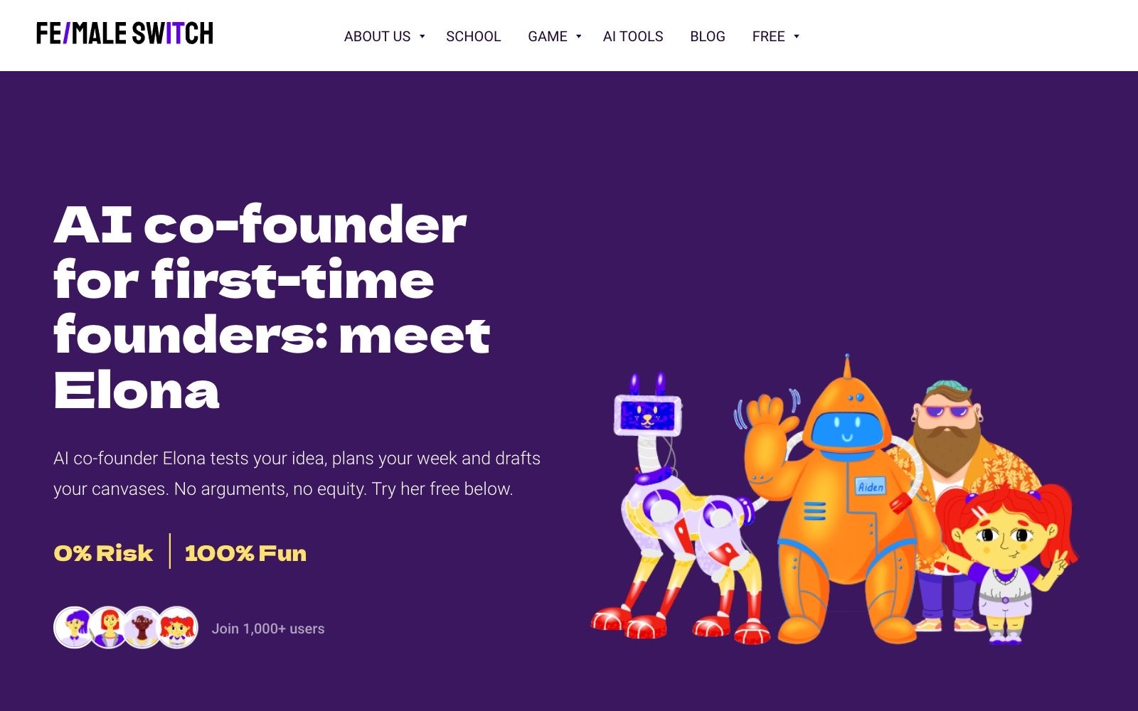 Elona AI co-founder homepage screenshot: the Fe/male Switch AI co-founder that tests your idea and plans your week