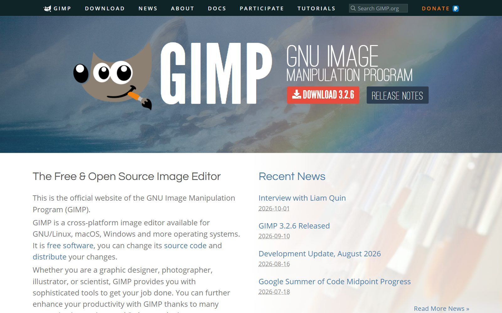 GIMP homepage screenshot (October 2026)