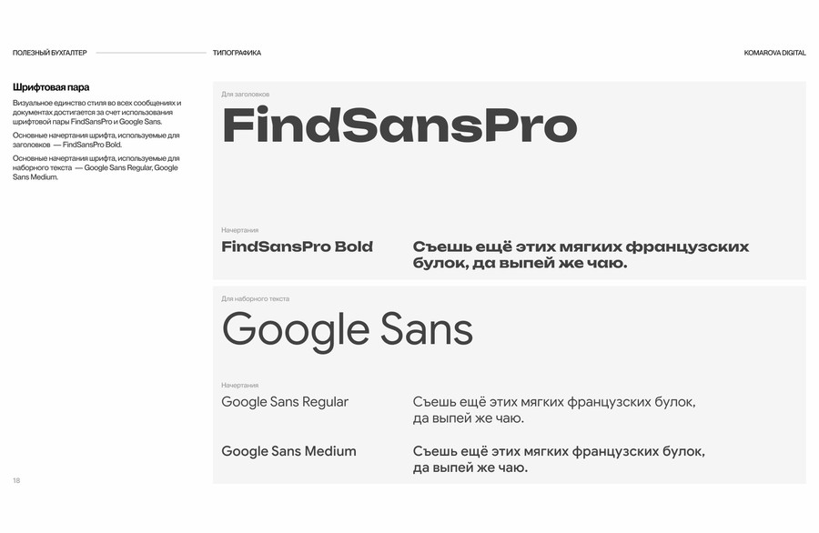 Шрифтовая пара фирменного стиля «Полезный бухгалтер»: FindSansPro Bold для заголовков и Google Sans для текста