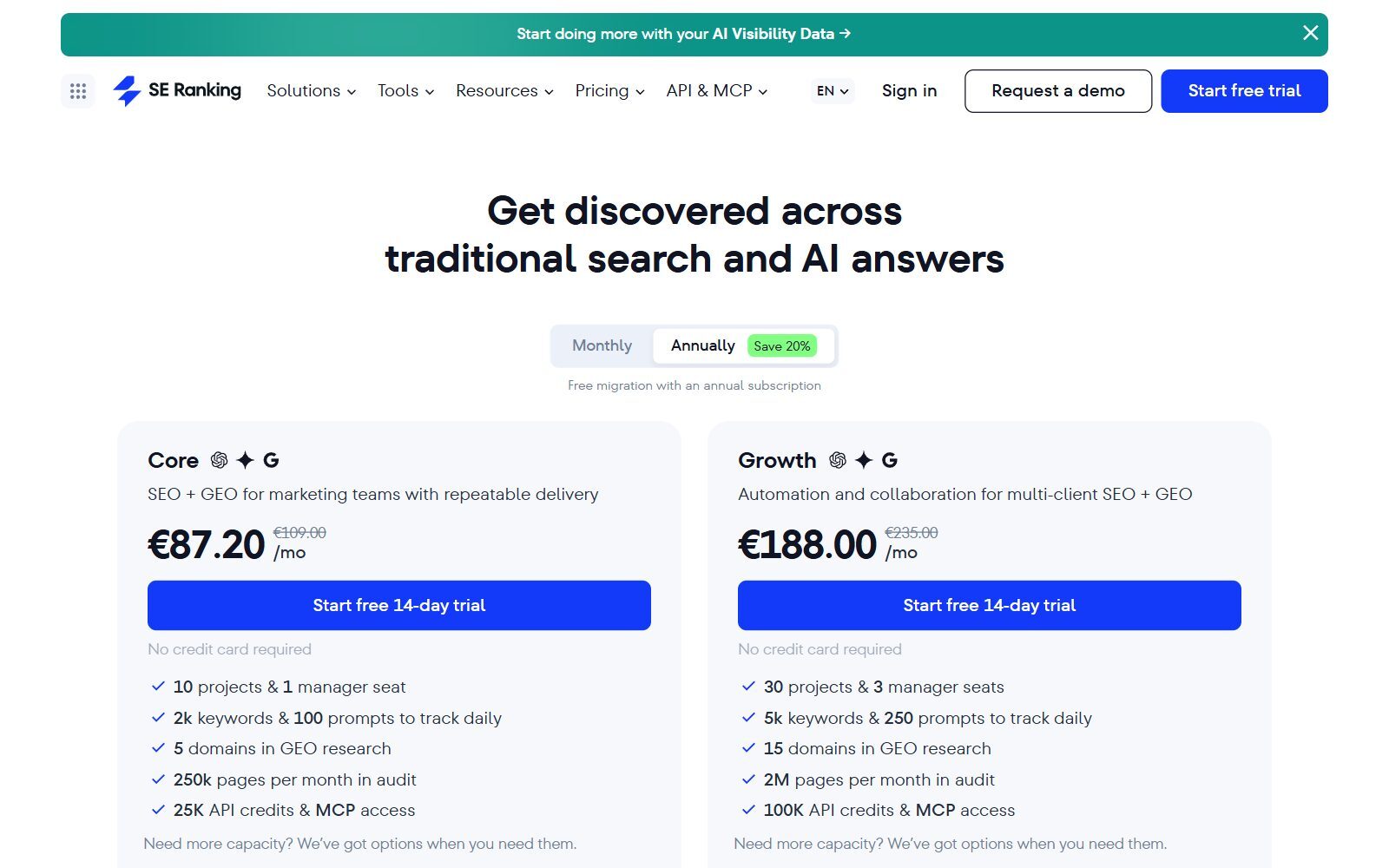SE Ranking pricing page screenshot with Core and Growth plans on yearly billing (October 2026)