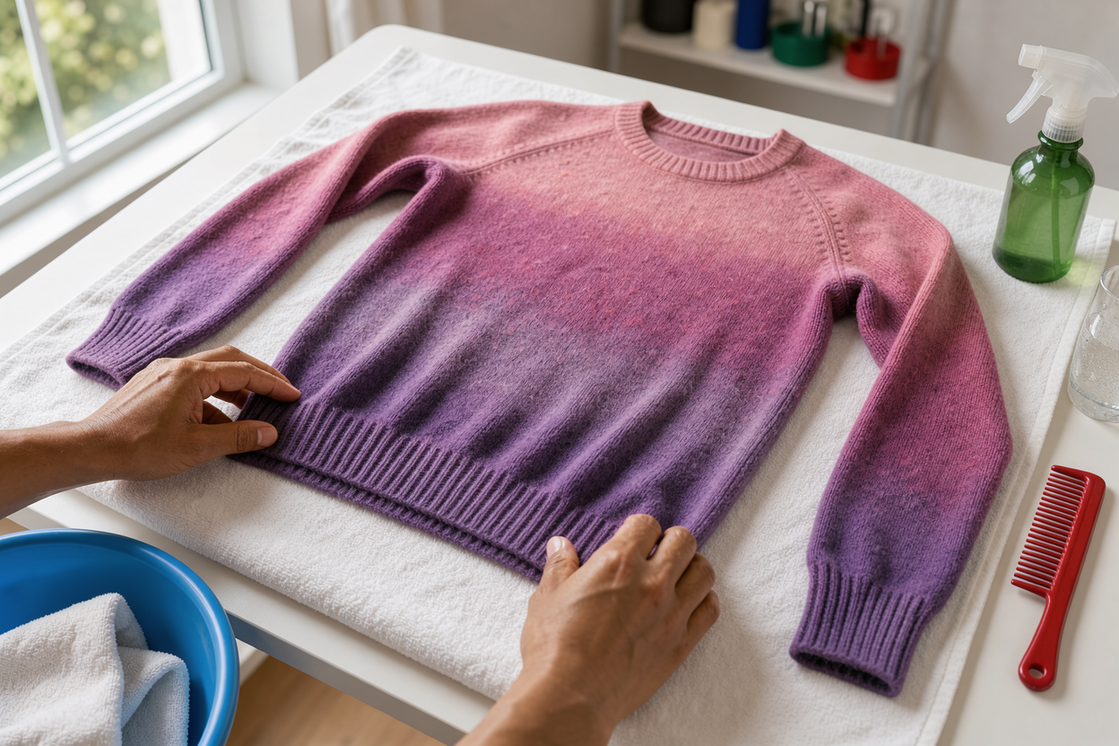 a wool sweater laid flat on a towel for drying, being reshaped by hands, with natural light and no visible brand or labels
