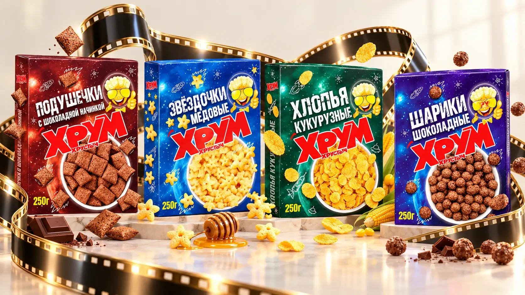 Серия из четырёх коробок сухих завтраков «Хрум Хрустыч» в кинематографической композиции