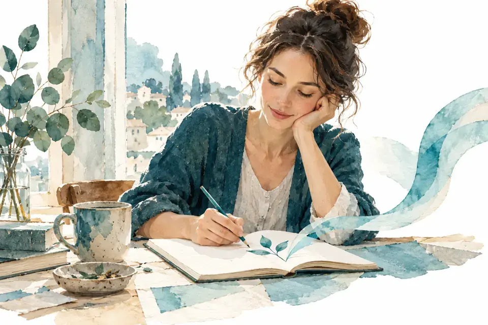 Женщина рисует лист в блокноте — добровольная проба занятия