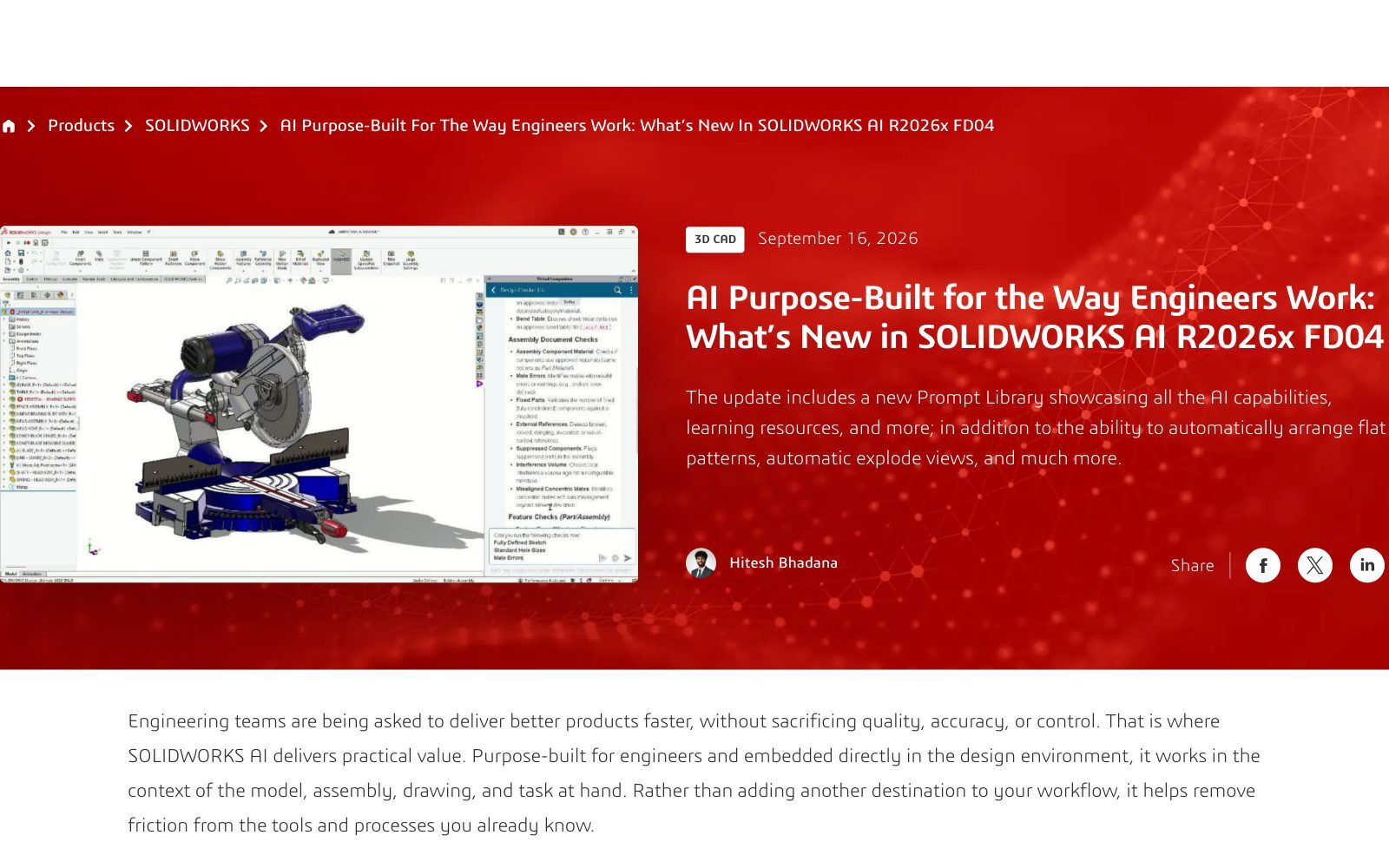 Screenshot of the SOLIDWORKS blog post What's New in SOLIDWORKS AI R2026x FD04, dated 16 September 2026, showing a SOLIDWORKS assembly of a mitre saw with the Virtual Companion panel open
