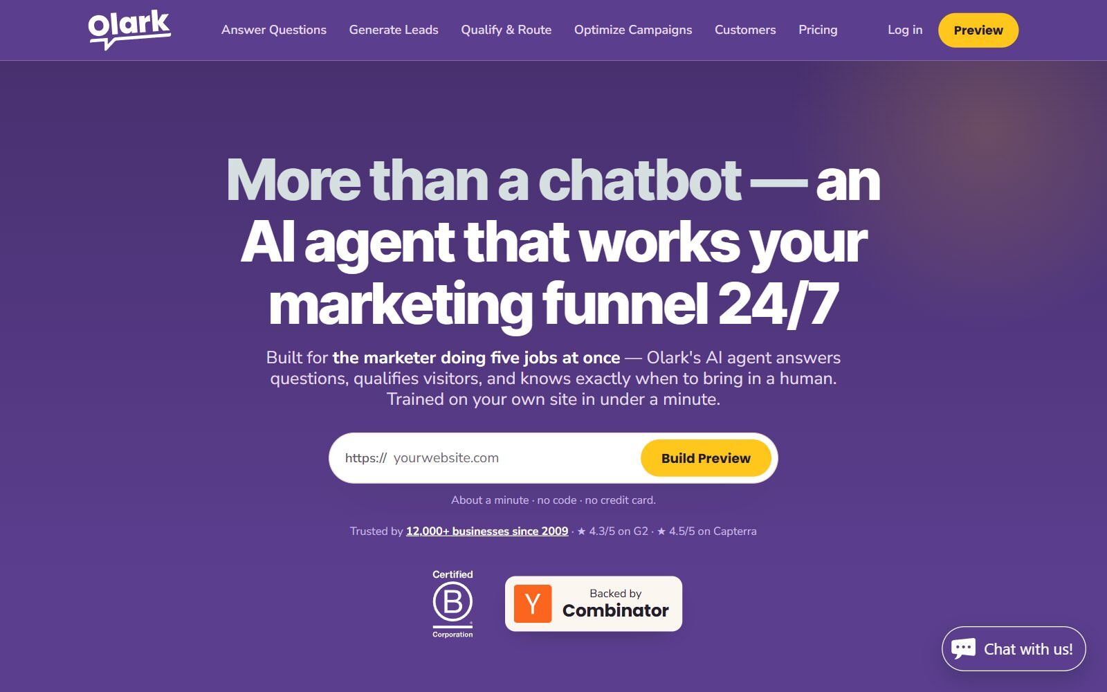 Olark homepage screenshot (October 2026): an AI agent that answers questions, qualifies visitors and hands off to a human