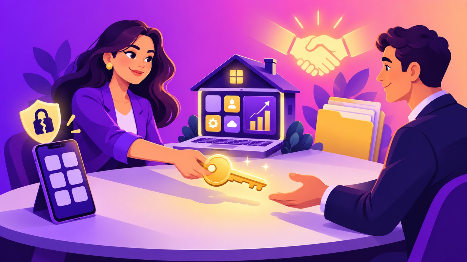 Getting Acquired summary illustration: a woman founder hands a golden key to a buyer across a table, with a laptop-shaped software company, a phone with app tiles and a cracked padlock for platform risk