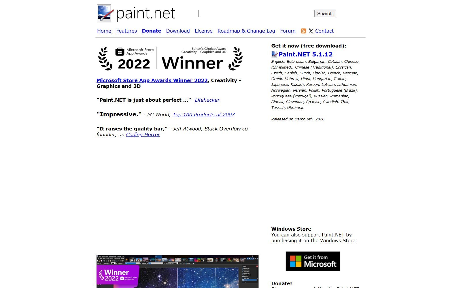 Paint.NET homepage screenshot (October 2026)