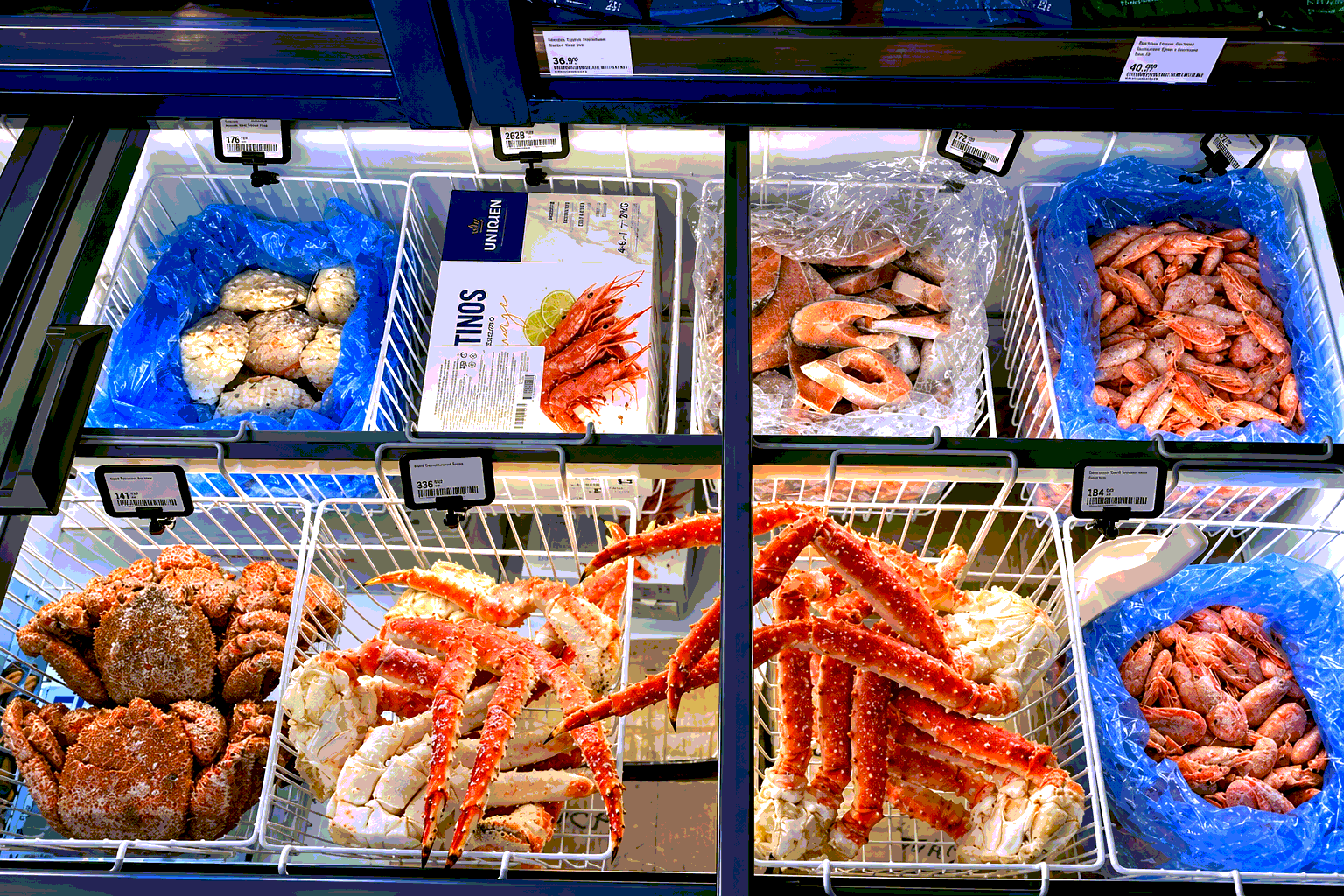 Крабы, креветки и ассортимент морепродуктов в витрине