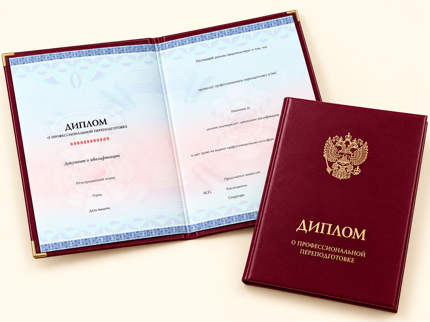 Образец диплома о профессиональной переподготовке: разворот документа и бордовая обложка