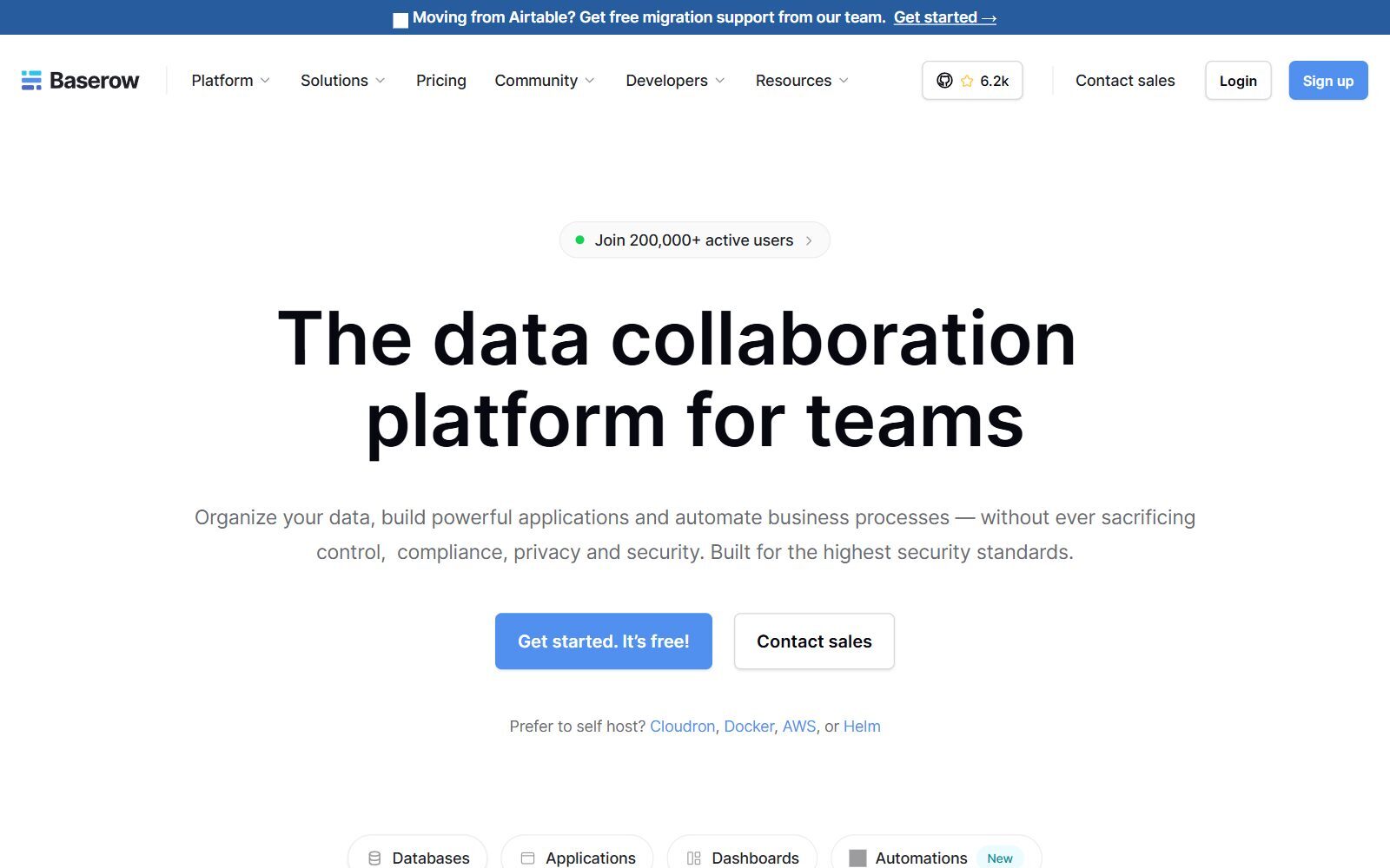 Baserow homepage screenshot (October 2026)