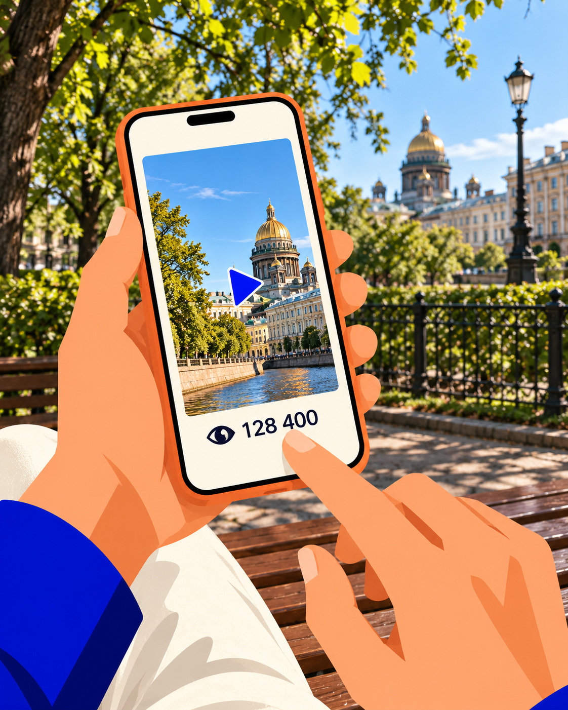 Рисованные руки держат телефон с роликом на фоне Петербурга