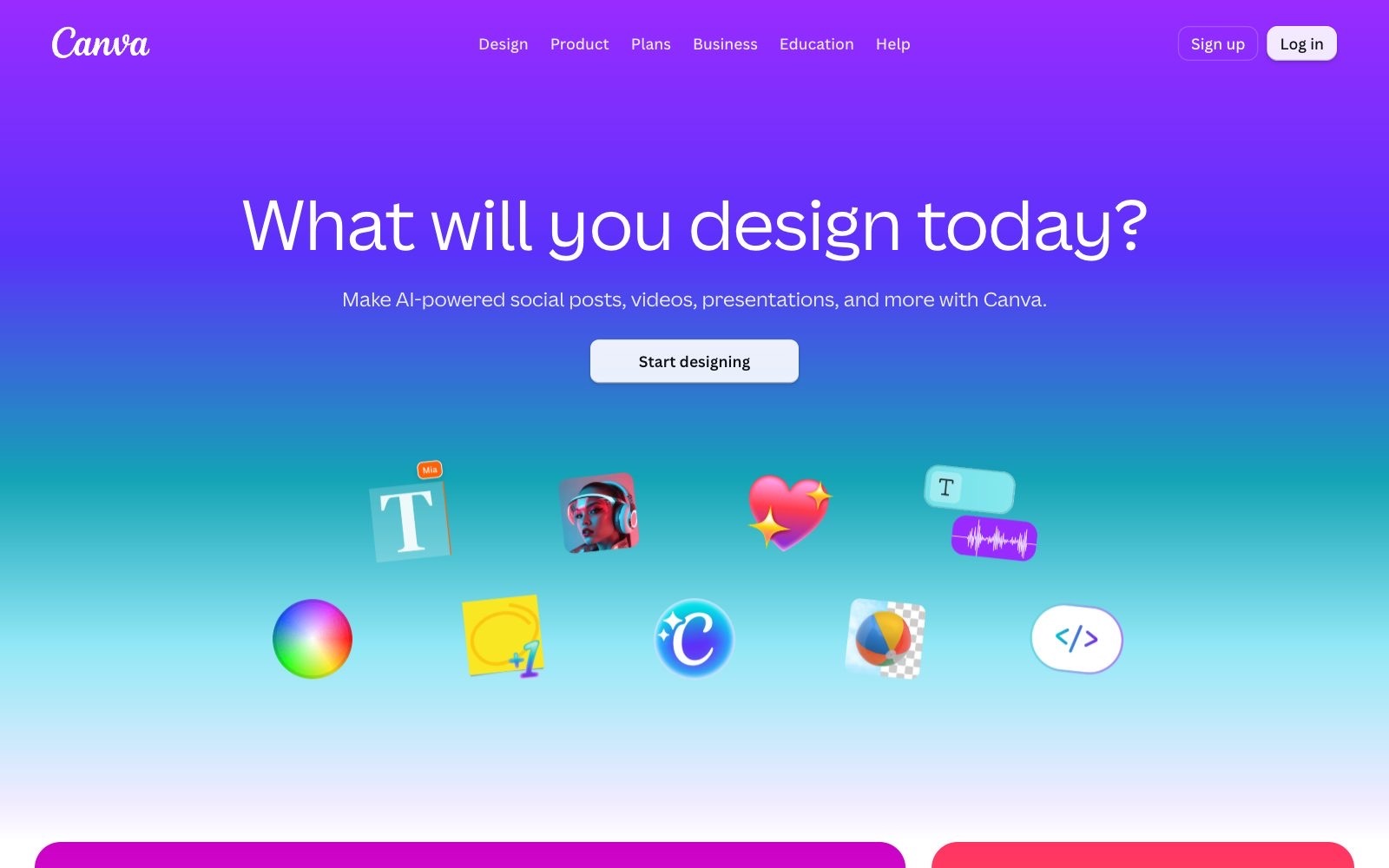 Canva homepage screenshot: design app with templates and AI features