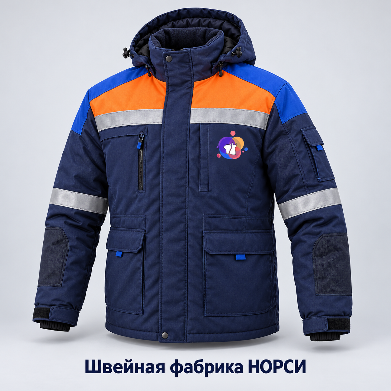 Сигнальная зимняя куртка СОУТ со светоотражающими полосами 3 класса