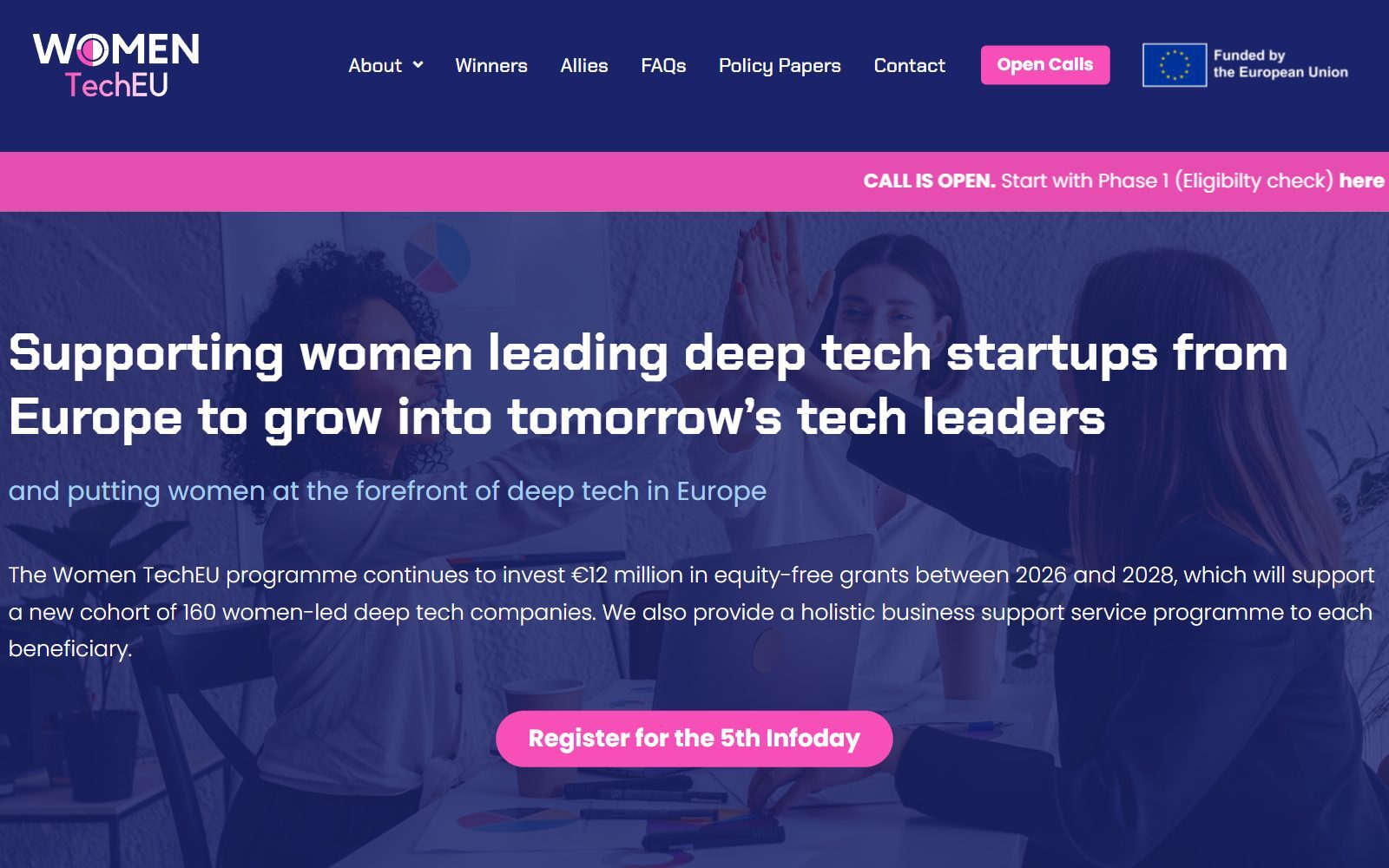 Women TechEU homepage screenshot showing the open call for women-led deep tech startups (October 2026)