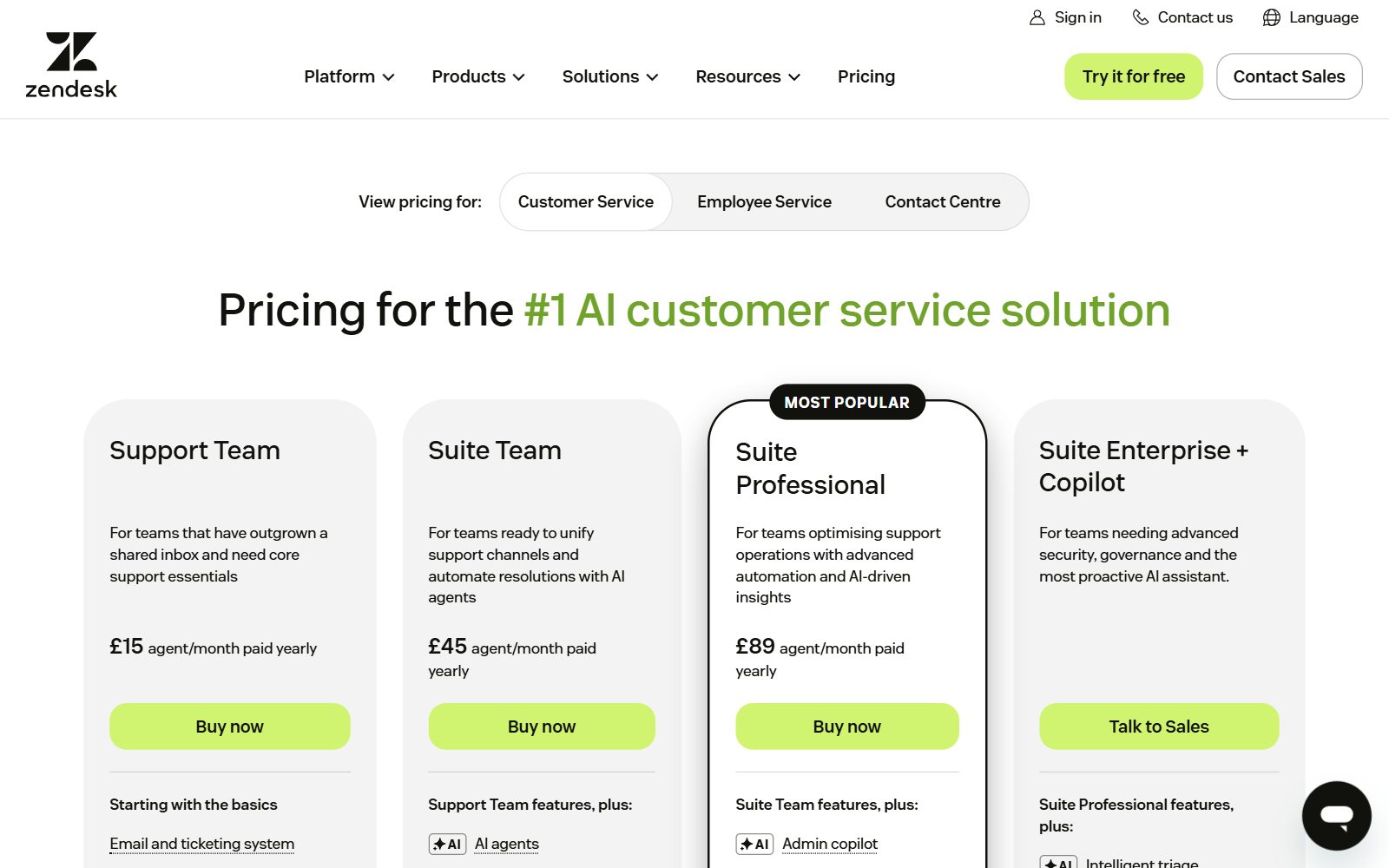 Zendesk pricing page screenshot (October 2026): Support Team, Suite Team, Suite Professional and Suite Enterprise, paid yearly, no free plan