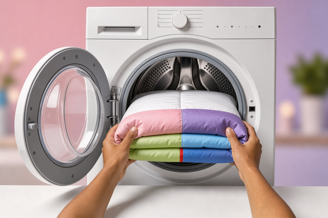 A front-loading washing machine drum half-filled with a folded duvet, hands holding the duvet edges to check fit, no brand logos