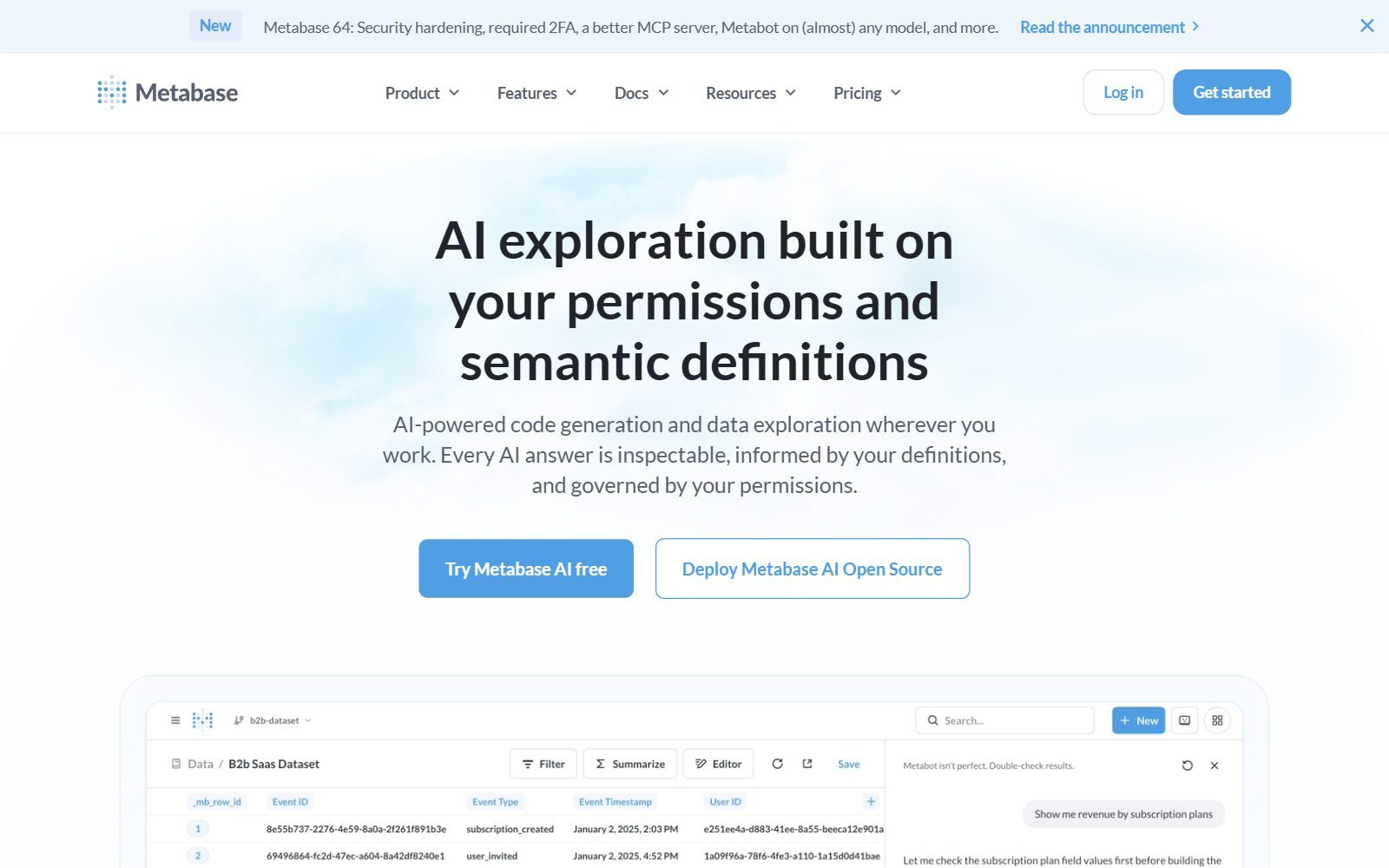Metabase AI page screenshot (October 2026)