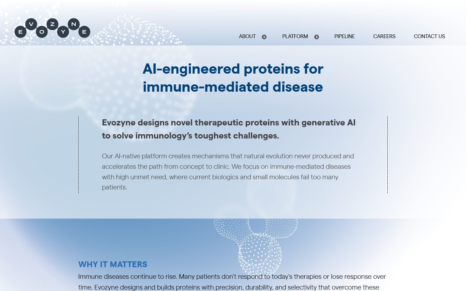 Evozyne AI-engineered proteins homepage screenshot (October 2026)