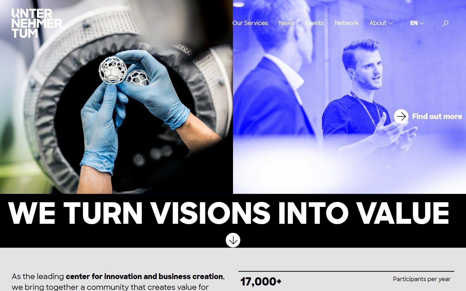 UnternehmerTUM homepage screenshot (October 2026)