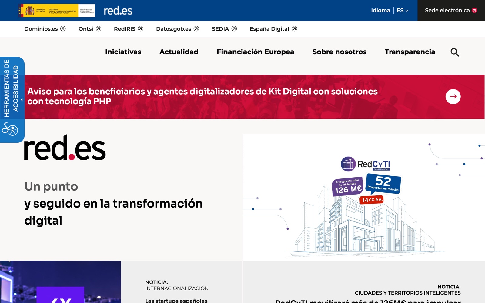 Red.es official page screenshot: Spanish public body for the digital transformation of the economy