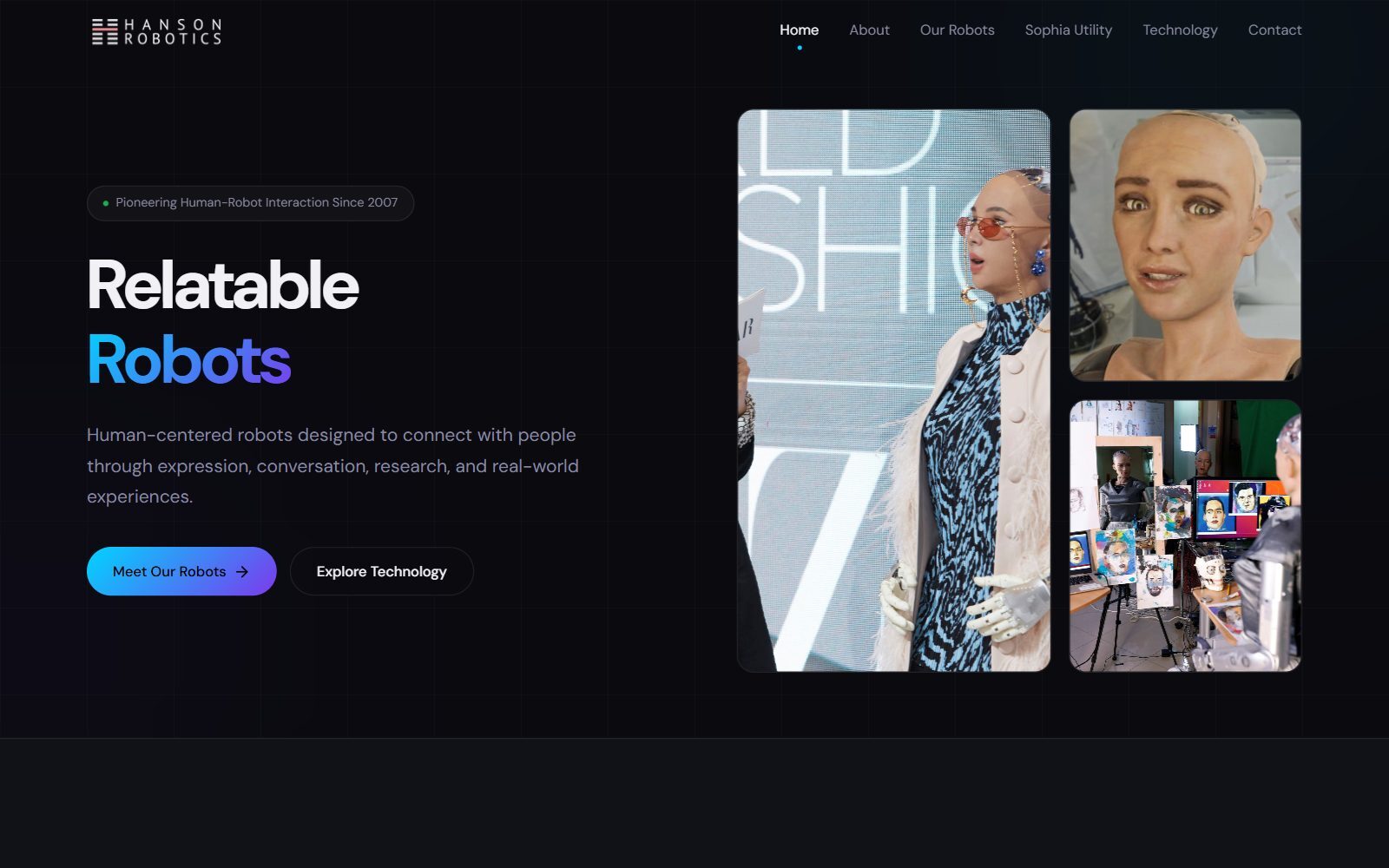 Hanson Robotics Relatable Robots homepage screenshot (October 2026)