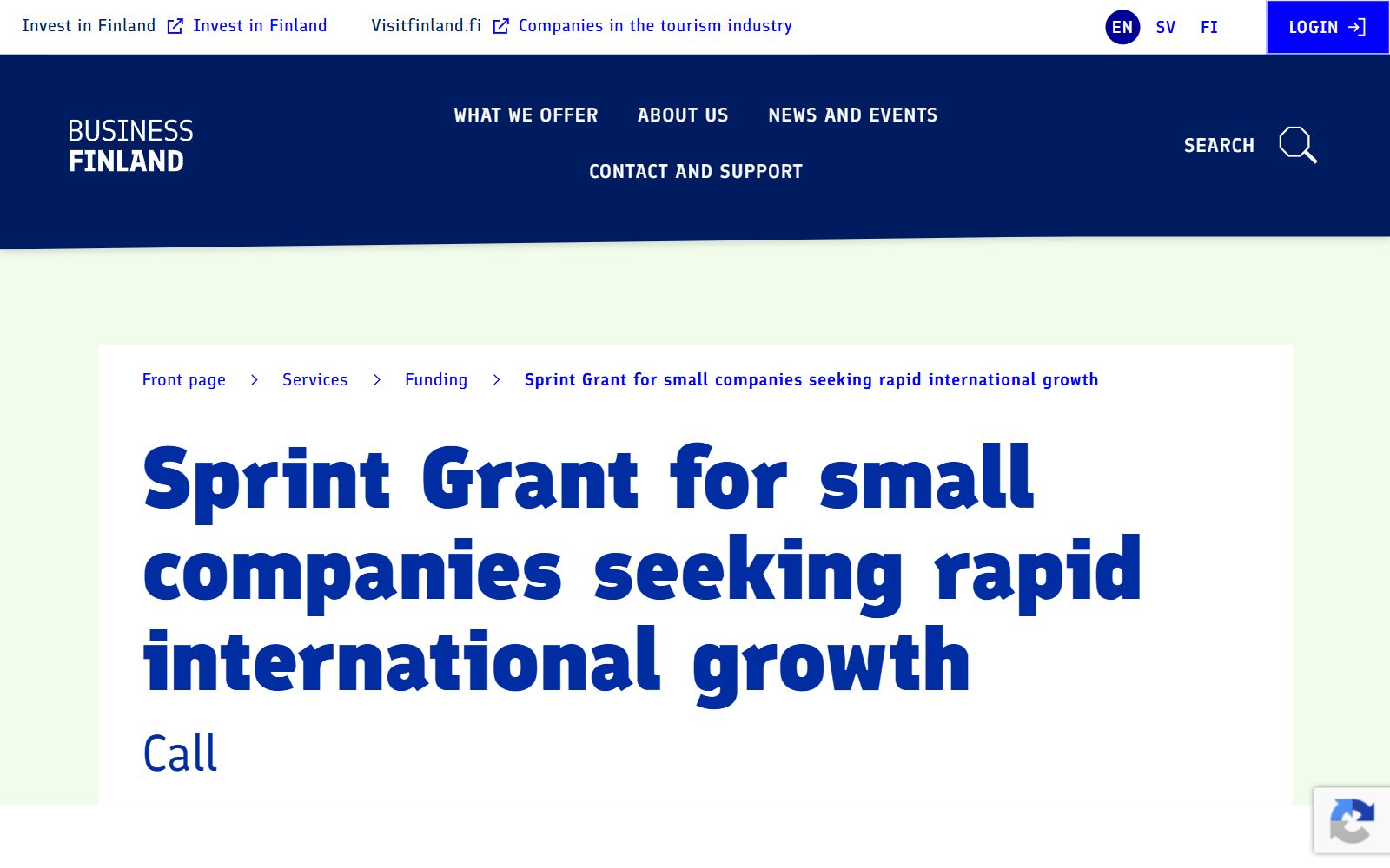 Business Finland Sprint Grant call page for small companies seeking rapid international growth, screenshot (October 2026)