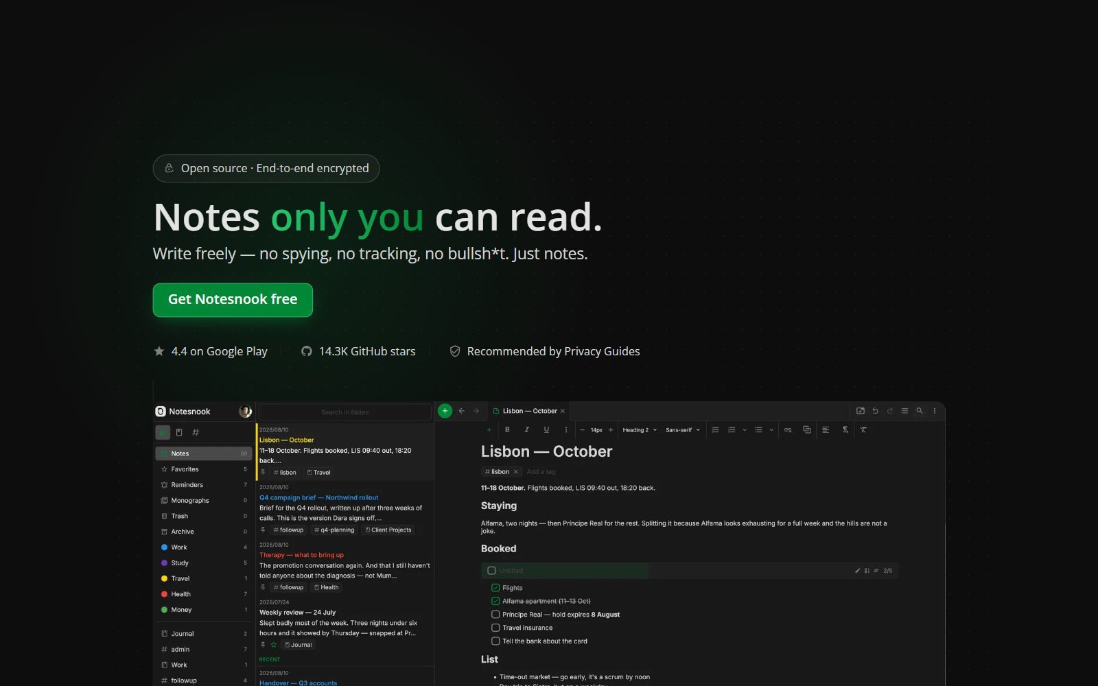 Notesnook homepage screenshot (October 2026)