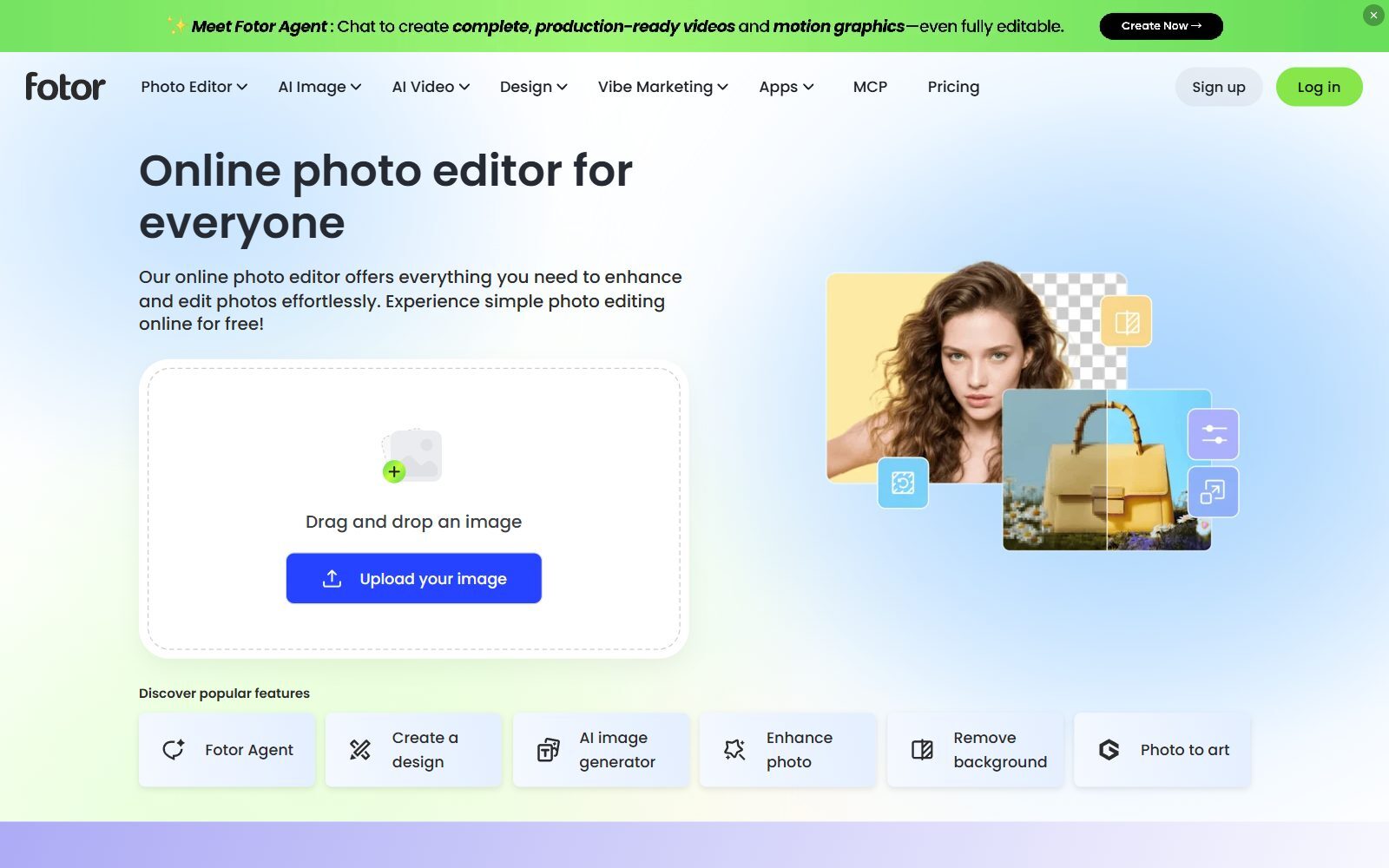 Fotor online photo editor homepage screenshot (October 2026)