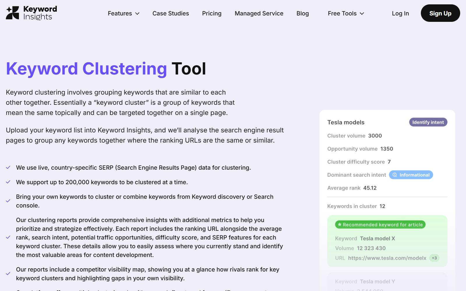 Keyword Insights keyword clustering tool page screenshot (October 2026)