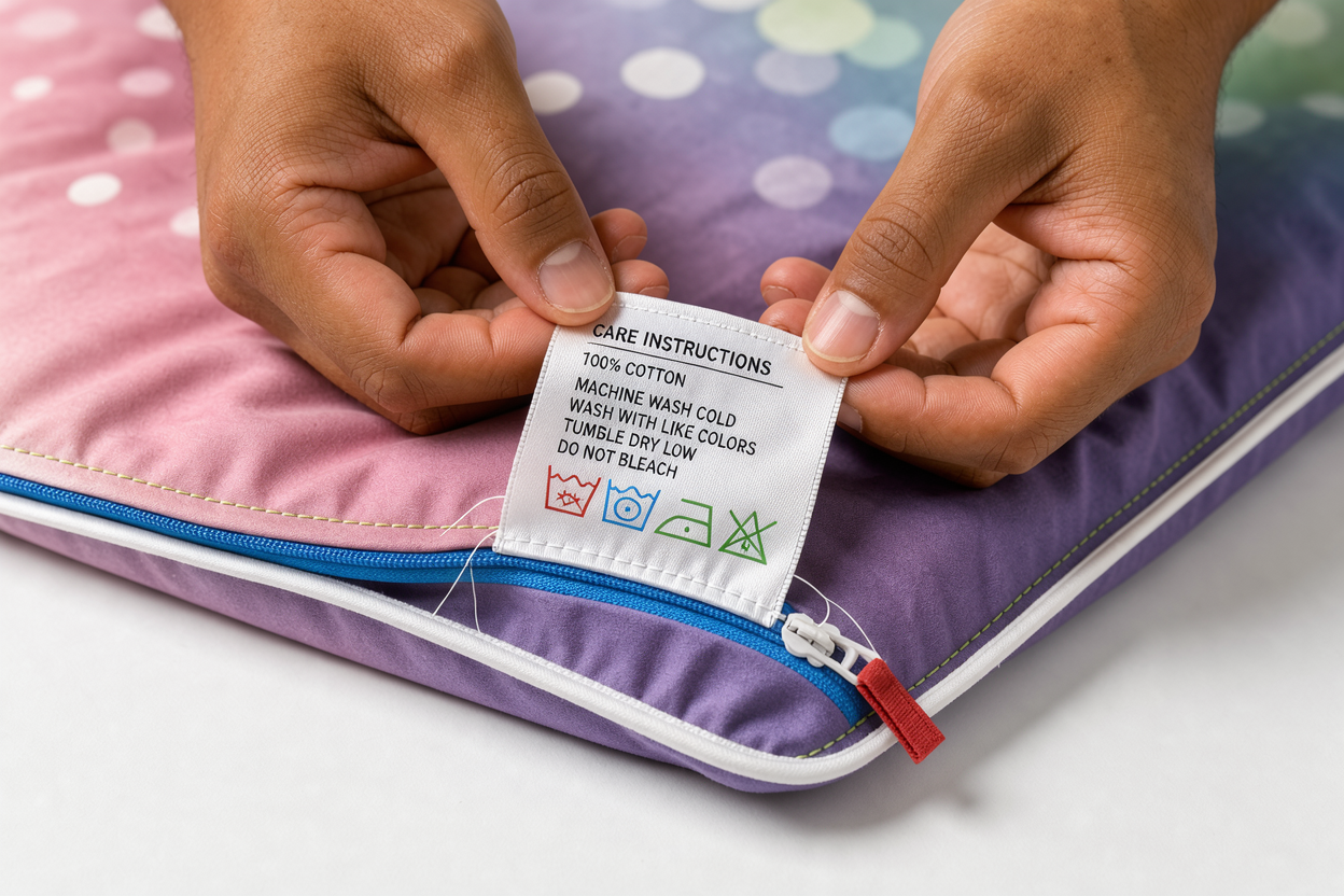 Close-up of hands reading a fabric care label on a duvet, with visible stitching and a zipper, no brand names