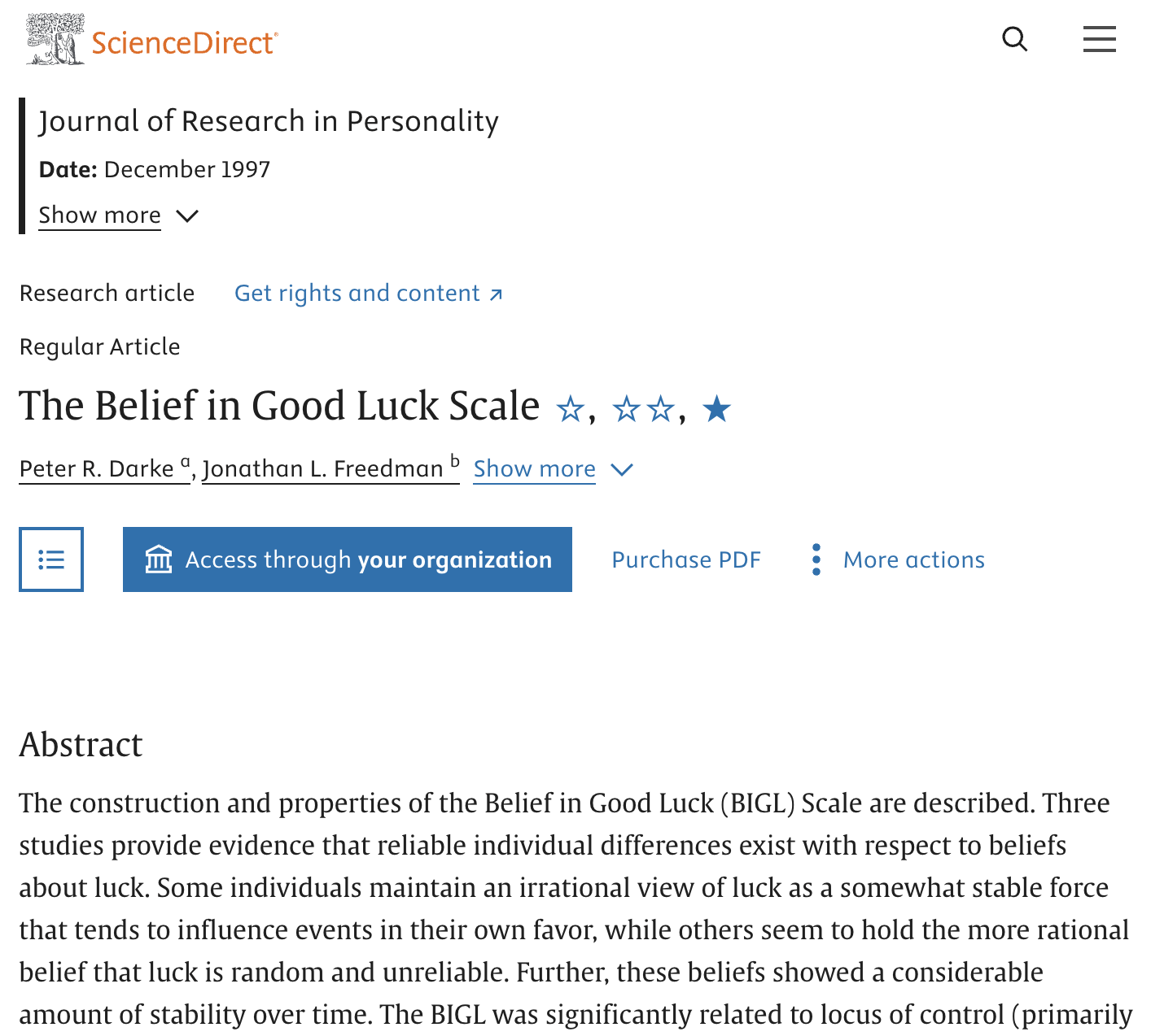 Journal of Research in Personality · 1997: The Belief in Good Luck Scale