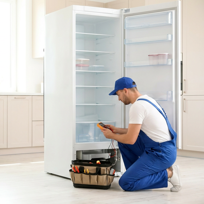Мастер меняет уплотнительную резинку двери холодильника
