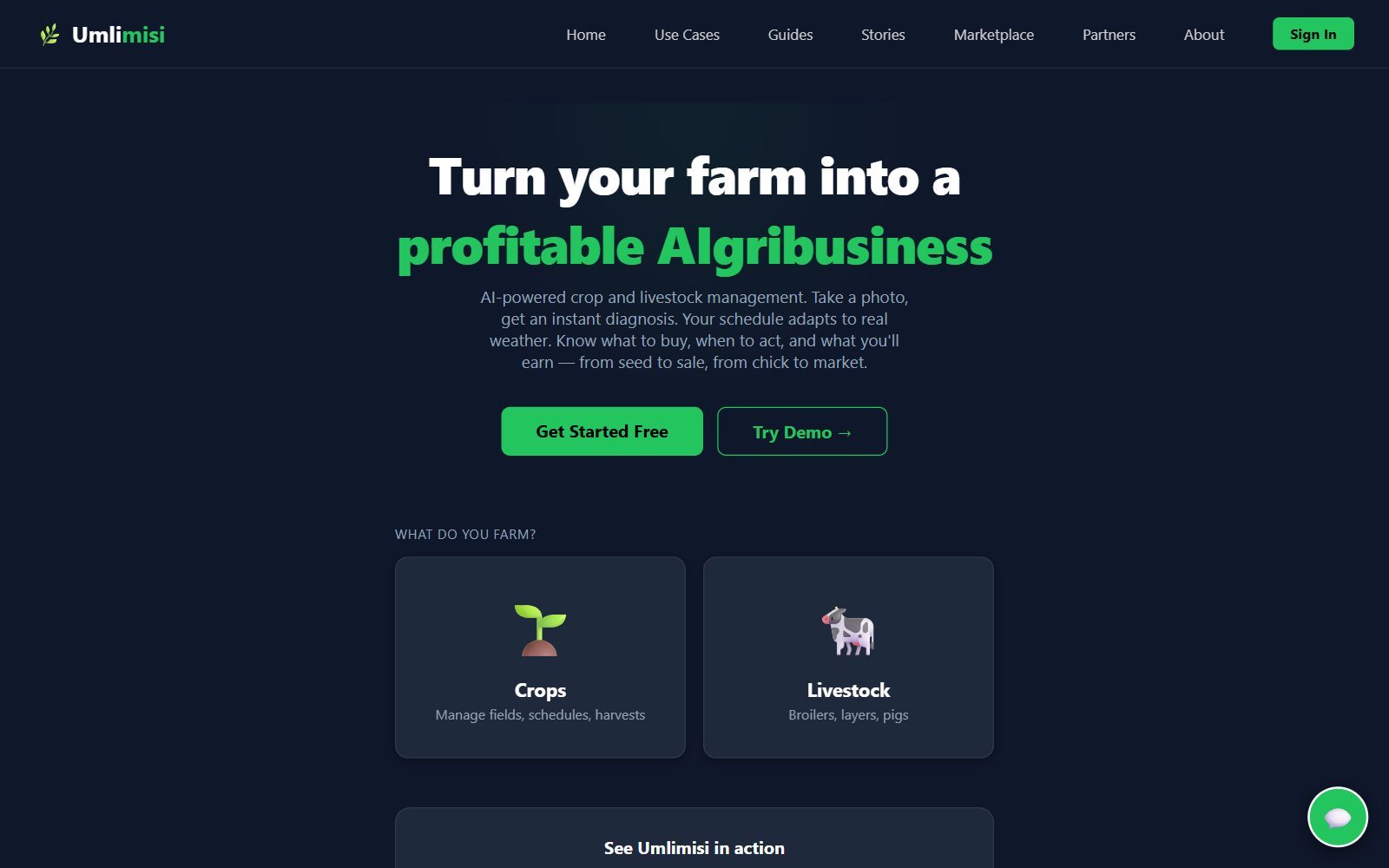 Umlimisi AI farm management homepage screenshot (October 2026)