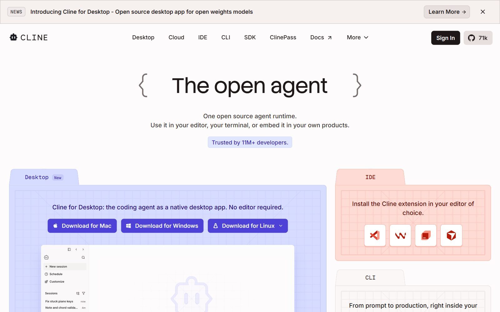 Cline homepage screenshot (October 2026)