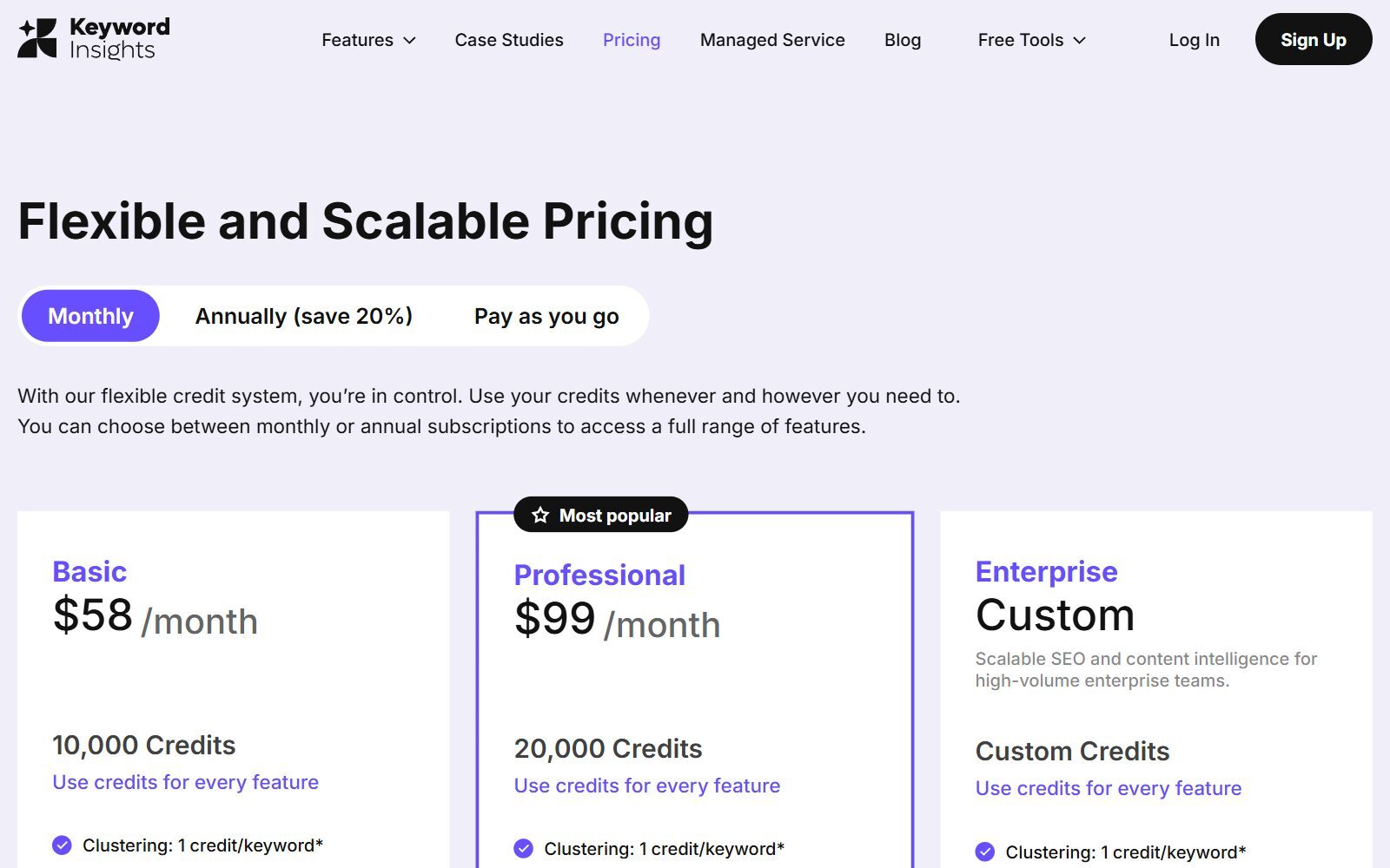 Keyword Insights pricing page screenshot (October 2026)