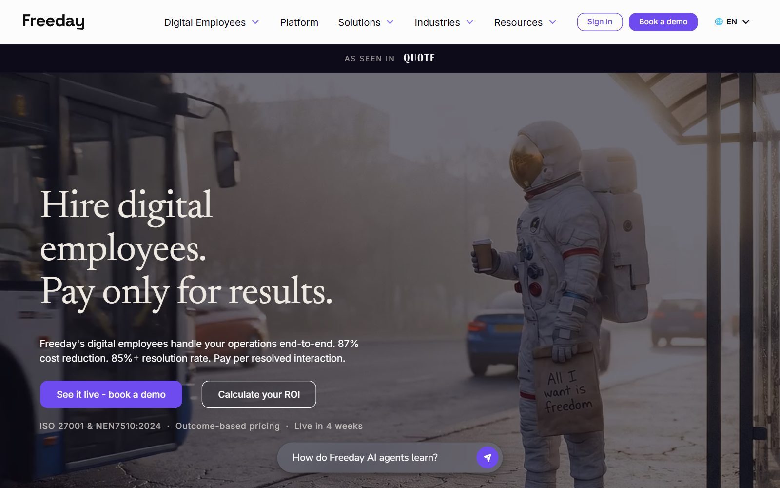 Freeday AI digital employees homepage screenshot (October 2026)