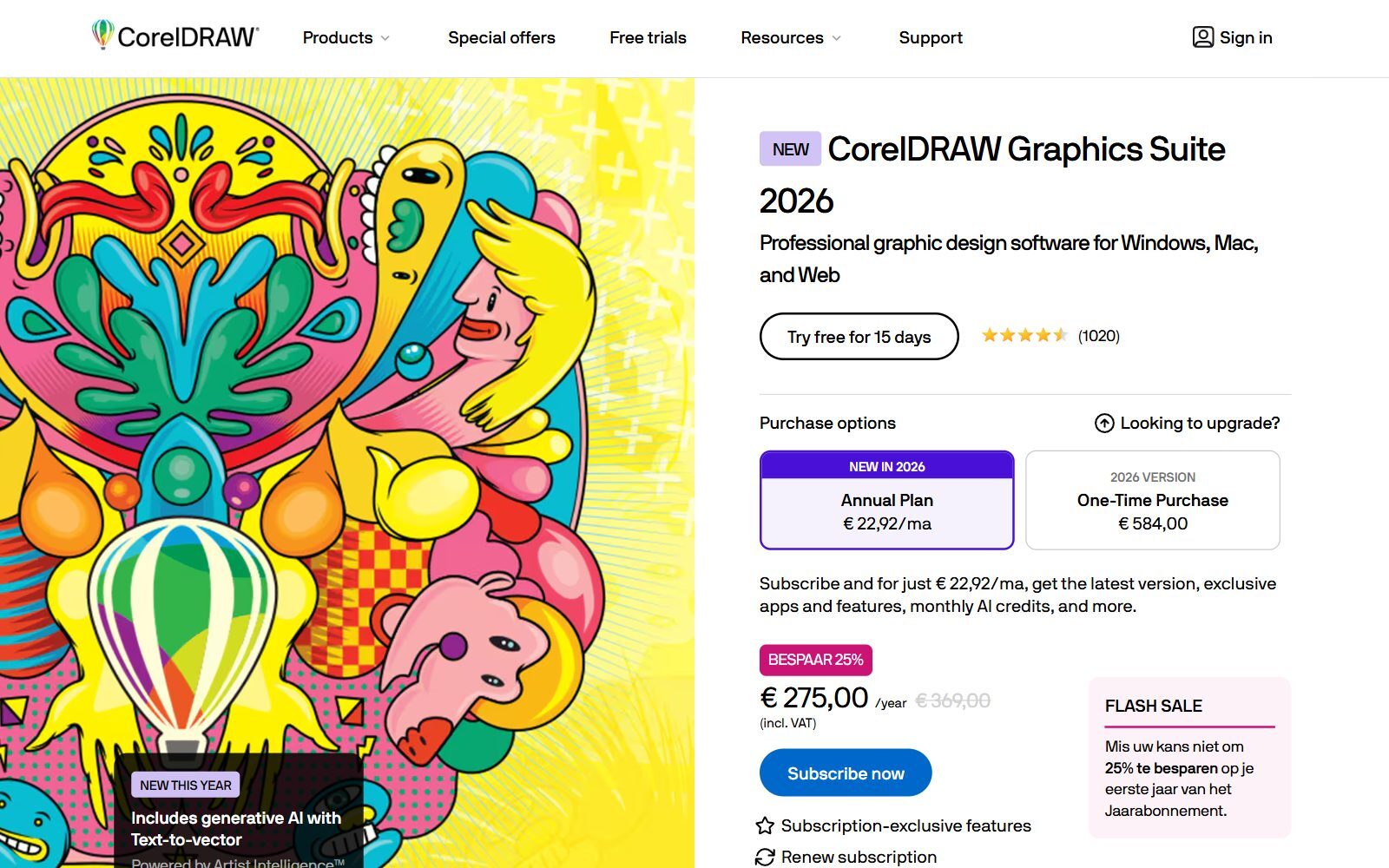 CorelDRAW Graphics Suite 2026 product page screenshot with annual plan and one-time purchase prices (October 2026)