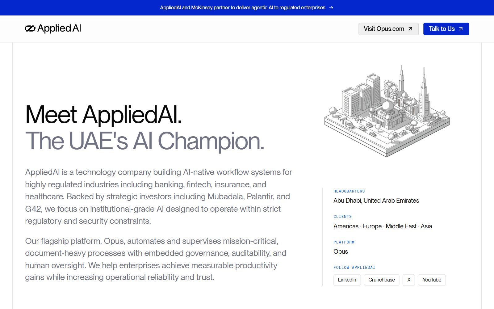 AppliedAI homepage screenshot showing Abu Dhabi headquarters (October 2026)