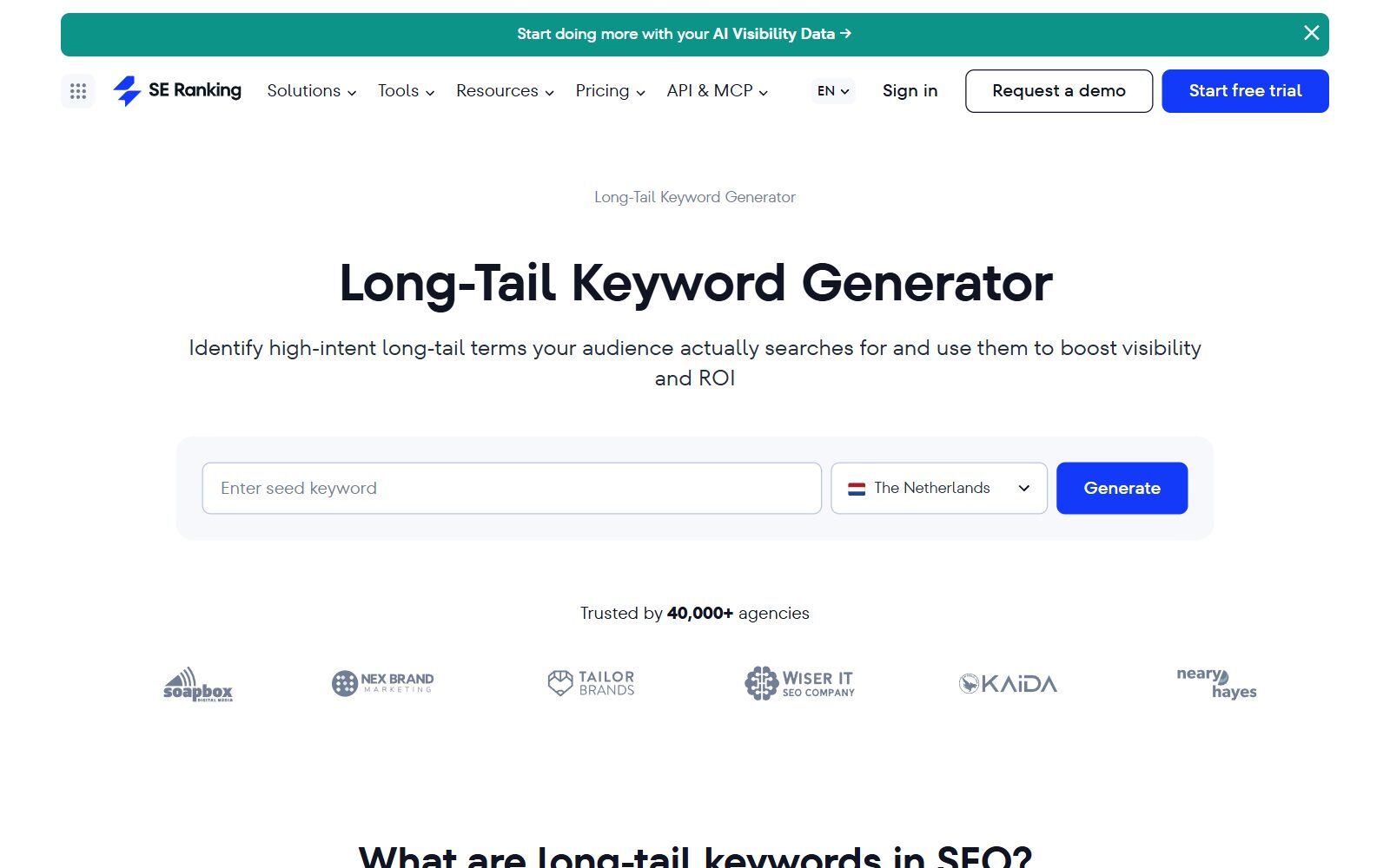 SE Ranking Long-Tail Keyword Generator page screenshot (October 2026)
