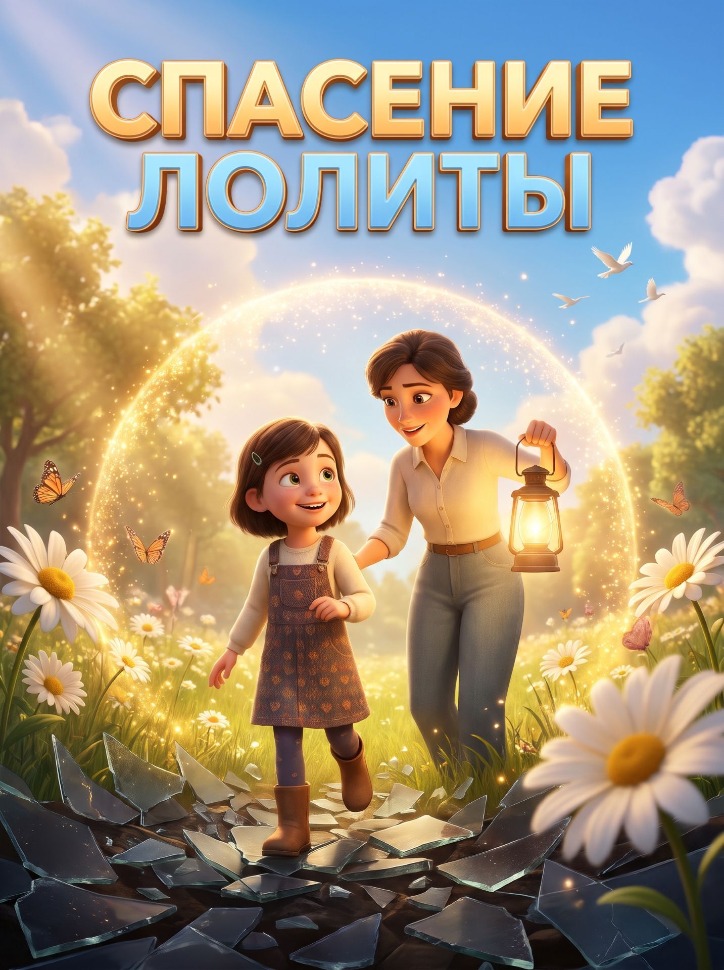 Обложка игры «Спасение Лолиты»: мама с фонарём ведёт девочку по лугу