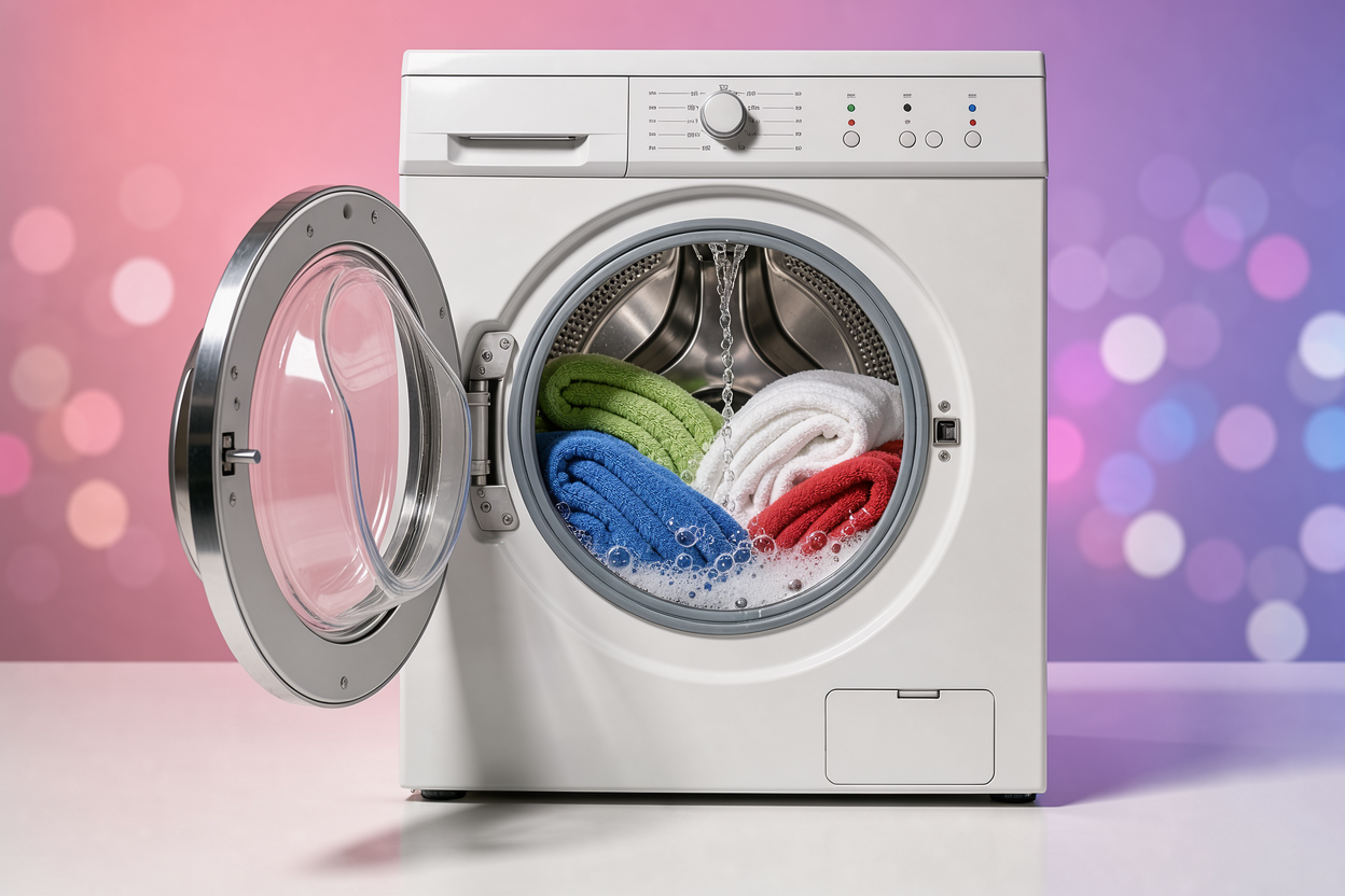 Open washing machine drum with several terry towels inside, water flowing in and gentle foam forming, no visible detergent brands