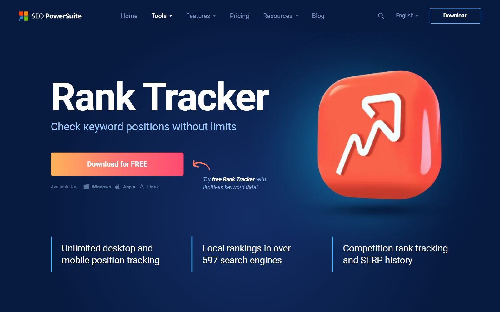 SEO PowerSuite Rank Tracker homepage screenshot (October 2026)
