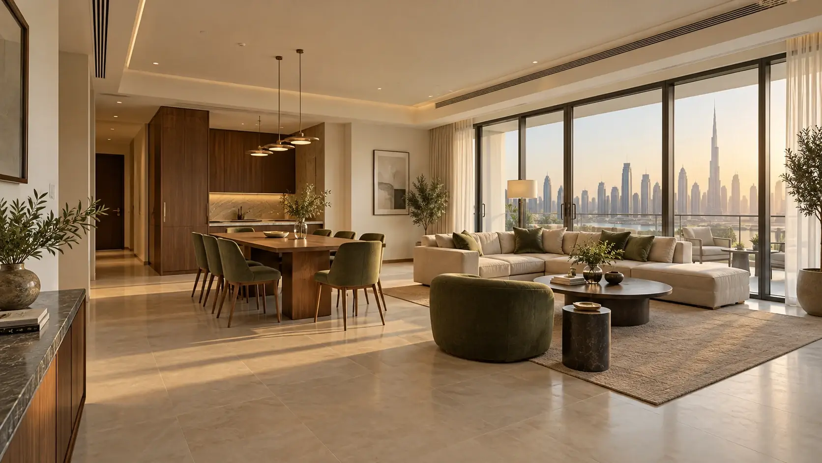 A sunlit Dubai apartment with considered joinery, lighting and interior finishes