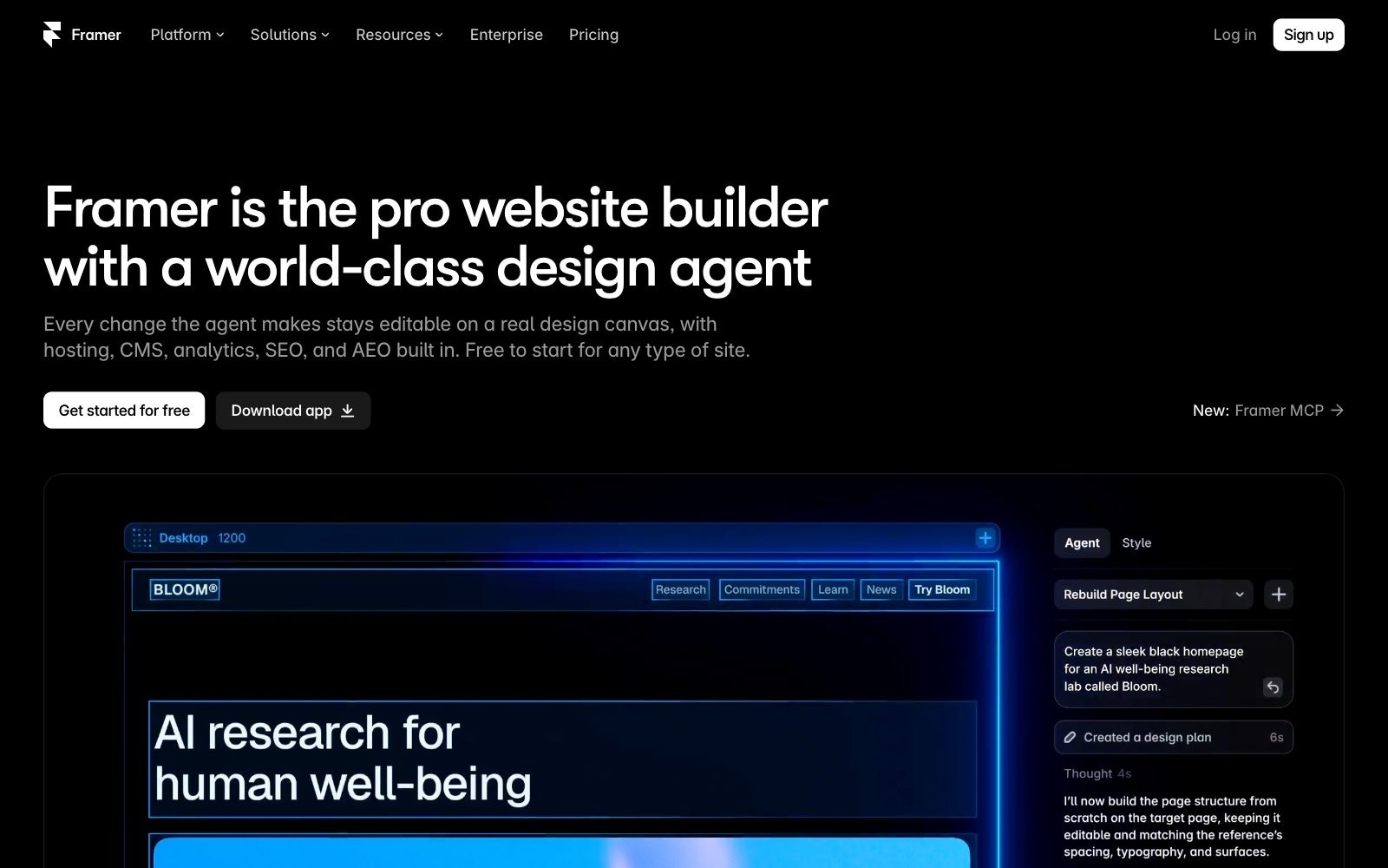 Framer homepage screenshot: visual website builder with AI credits