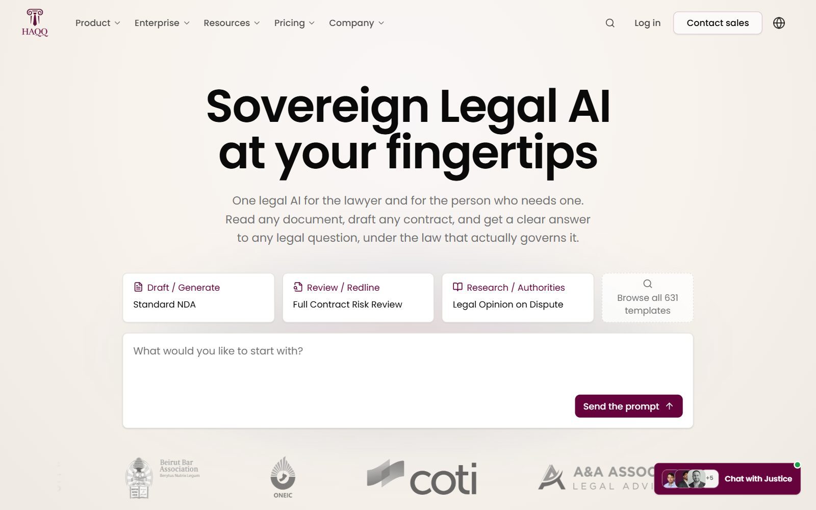 HAQQ legal AI homepage screenshot (October 2026)