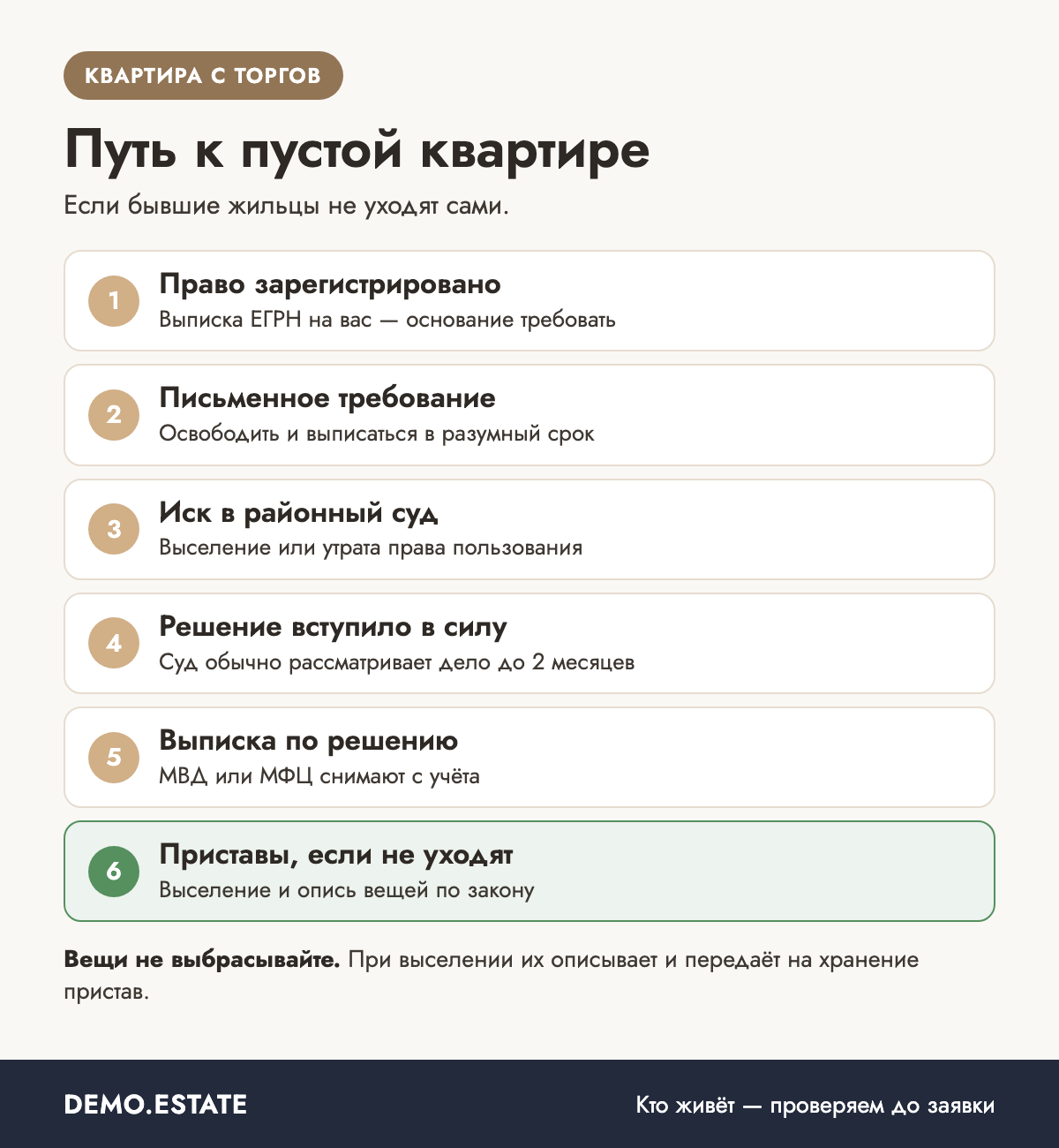 Путь к пустой квартире после покупки с торгов: требование, иск, решение суда, выписка и приставы