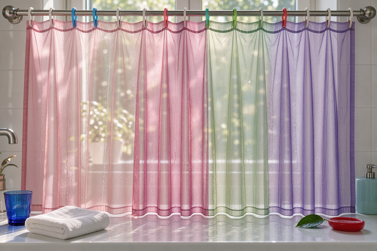 Damp sheer curtains hanging on a curtain rod inside a bathroom, smoothed by weight, sunlight filtering through fabric showing delicate texture