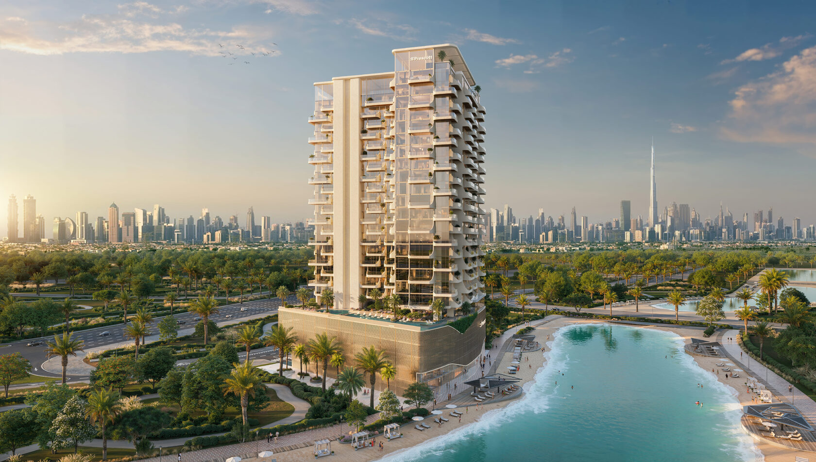 Башня The Caden у кристальной лагуны, на горизонте Downtown Dubai и Burj Khalifa
