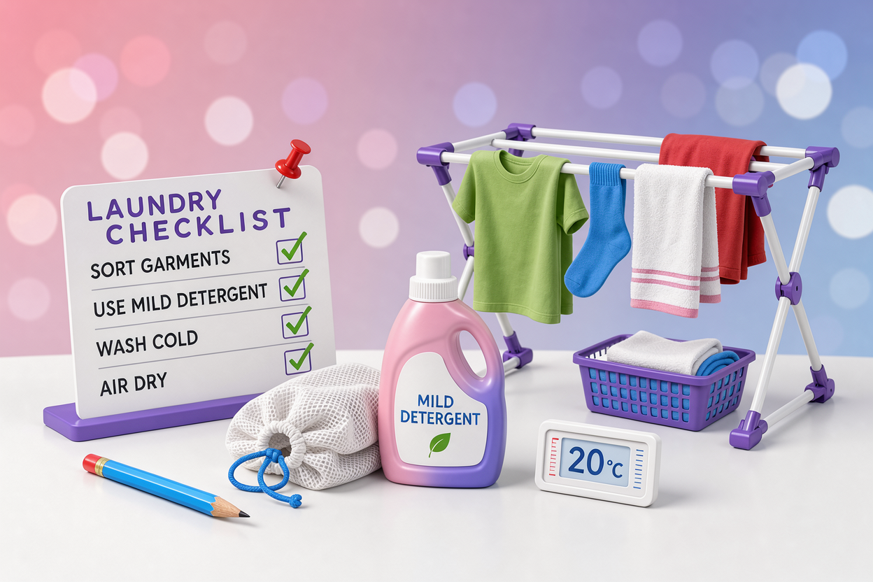 Illustration of a checklist and laundry tools: mesh laundry bag, mild detergent bottle (no brand), thermometer showing low temperature, and a drying rack with garments
